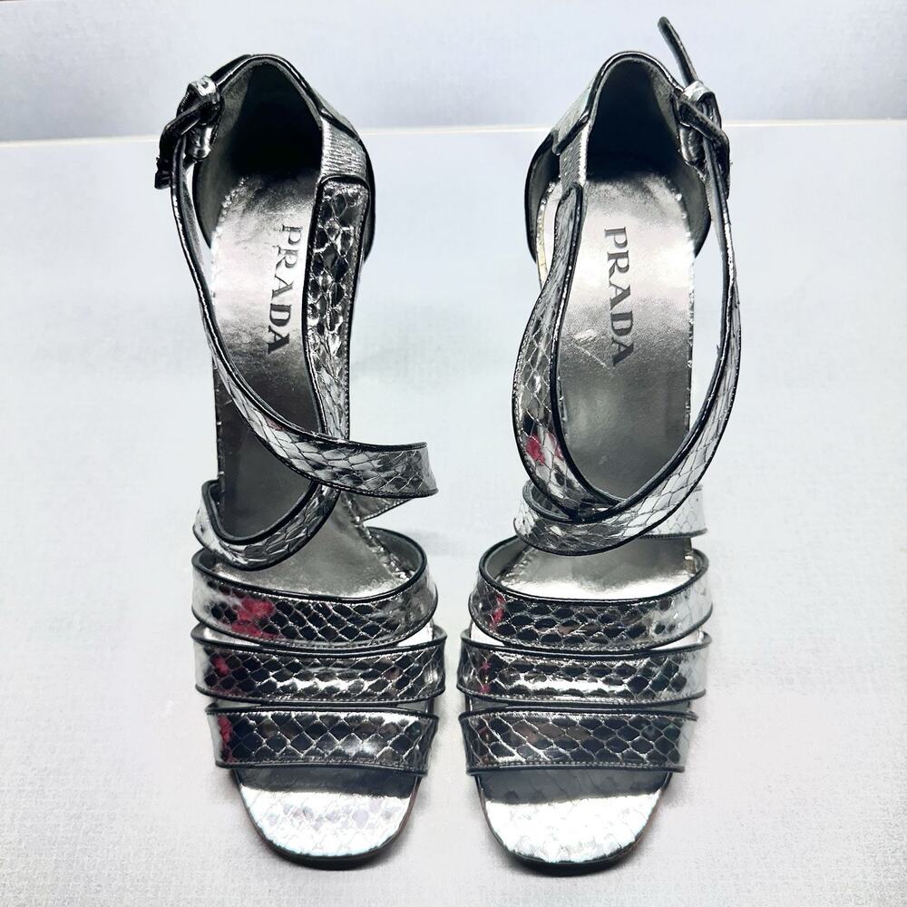 PRADA Silver Snakeskin Strappy Sandals Heels Size 38 (US 7.5) -Authenticated - Picture 8 of 16